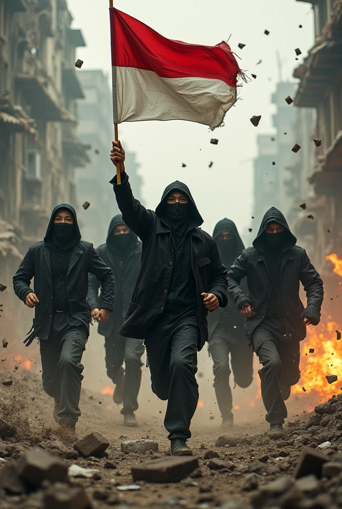 (photorealism:1.2), 5 gothics youngman with a thin masker, running while carrying the indonesian flag in the chaos city, and the others is throwing bricks and rocks to the enemy, dust and rocks, war conflict, flames and destroyed buildings etc.