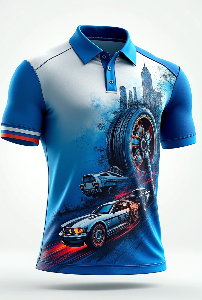 A blue and white collared sports shirt with a gear, building, robot, transportation, and tire on the right side of the shirt.