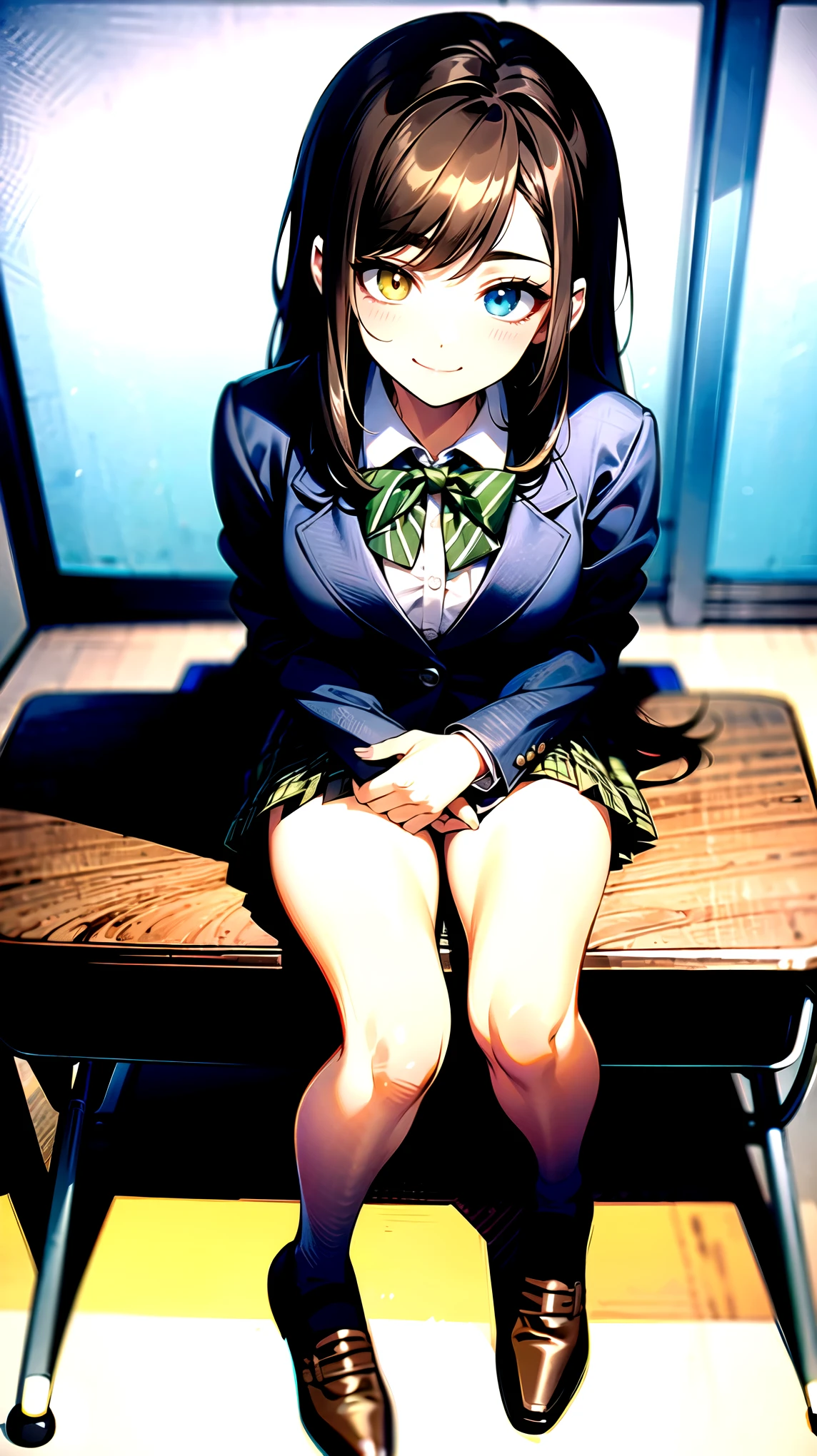 （（super high quality,Ultra-high resolution,4K,8k,super masterpiece,Ultra HD ,Detailed shading））,Full body photo,Evening Classroom,One high school girl,Blue-green blazer,White dress shirt unbuttoned to the second button,Yellow and black striped bow tie,Brown plaid mini skirt,Black long tights,Black, extremely long, straight hair,Side-swept bangs,Orange and green heterochromia,Sharp eyes with raised,smile,turning the body diagonally to the side,