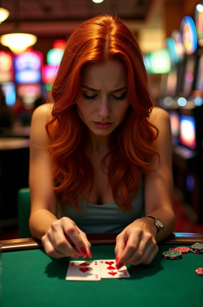 Red head crying at gambling with an ace a 3 and a 3