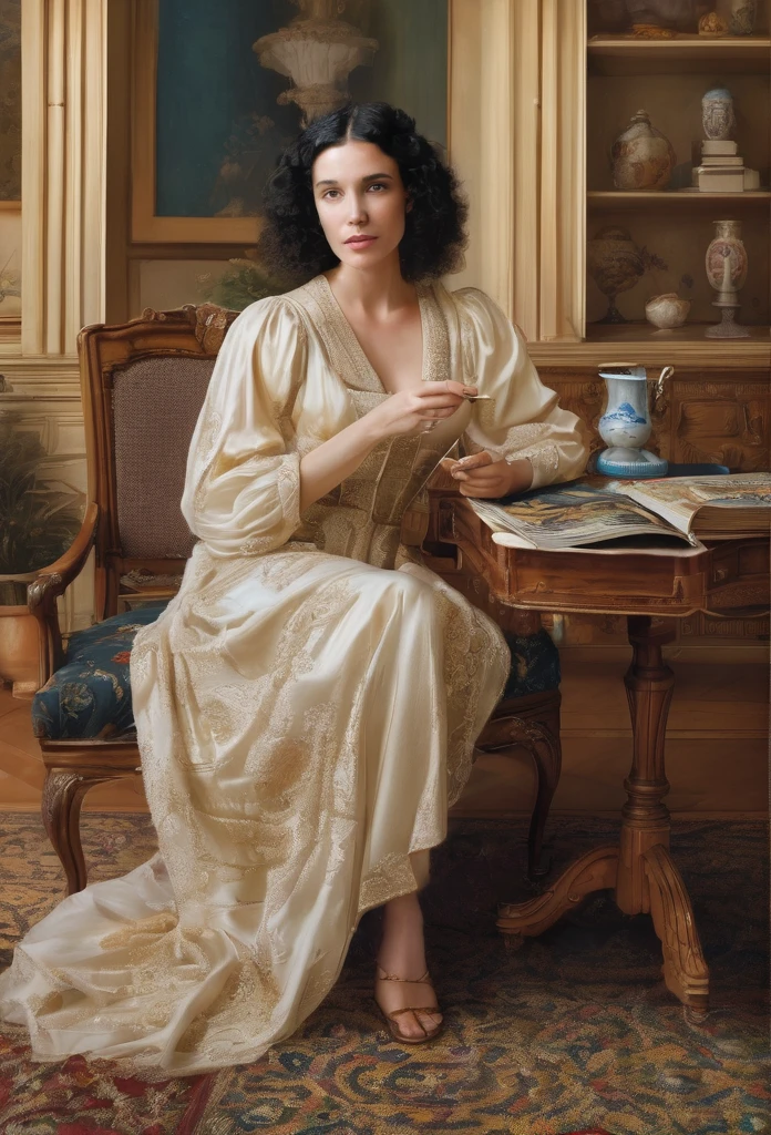 Marie Anne lenormand, white woman with black curly hair, recreate a new image or portrait of Marie Anne Lenormand sitting in front of a table reading the Lenormand oracle, in the background a neoclassical French-style living room ,Beautiful line art photo，Use gold strokes and rainbow paint，Golden Maiden，the golden ratio，Melted wax，Visible brush strokes，surrounded by crystal spheres，3D Mosaic Wireframe，neuroimaging，neurons，colours，california，intense emotion，oil on canvas，Thick strokes，insanely details，8k ultra high definition，tmasterpiece，art station