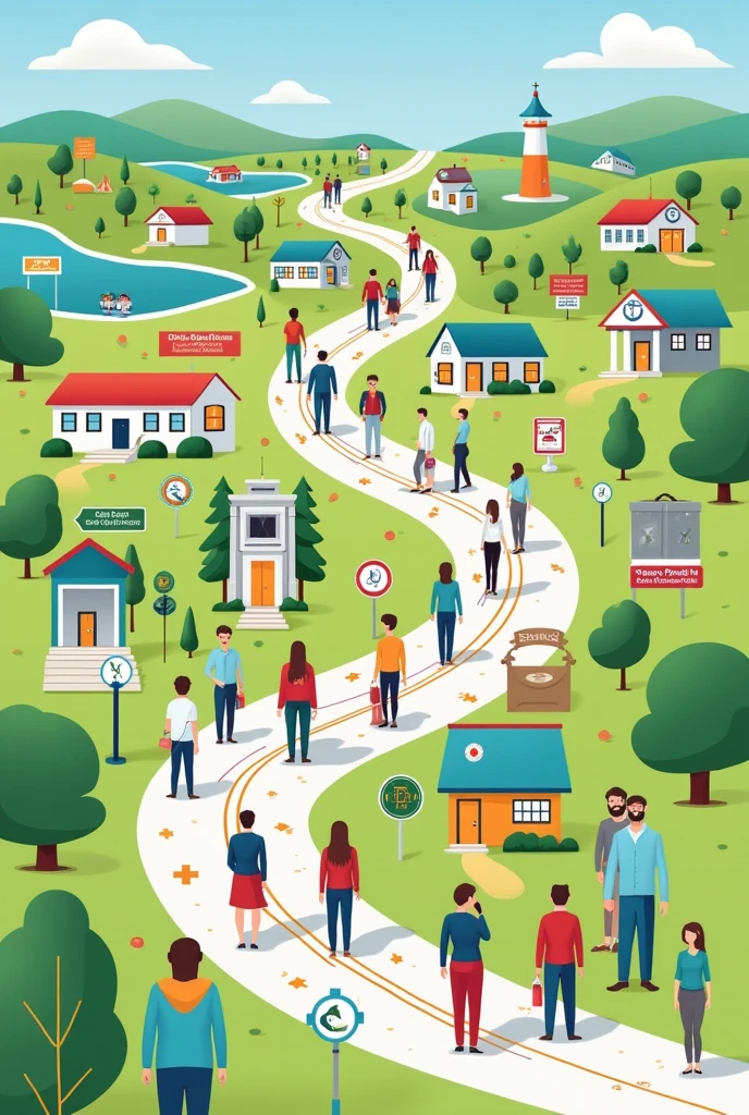 drawing: A clear map with paths and signs to guide the taxpayer from tax filing to understanding the use of public resources. You can show paths that connect with different sections of government or public services.
Additional Details: Includes signs indicating "Tax Declaration", "Review Process", "Resource Utilization", and figures of citizens following the map.