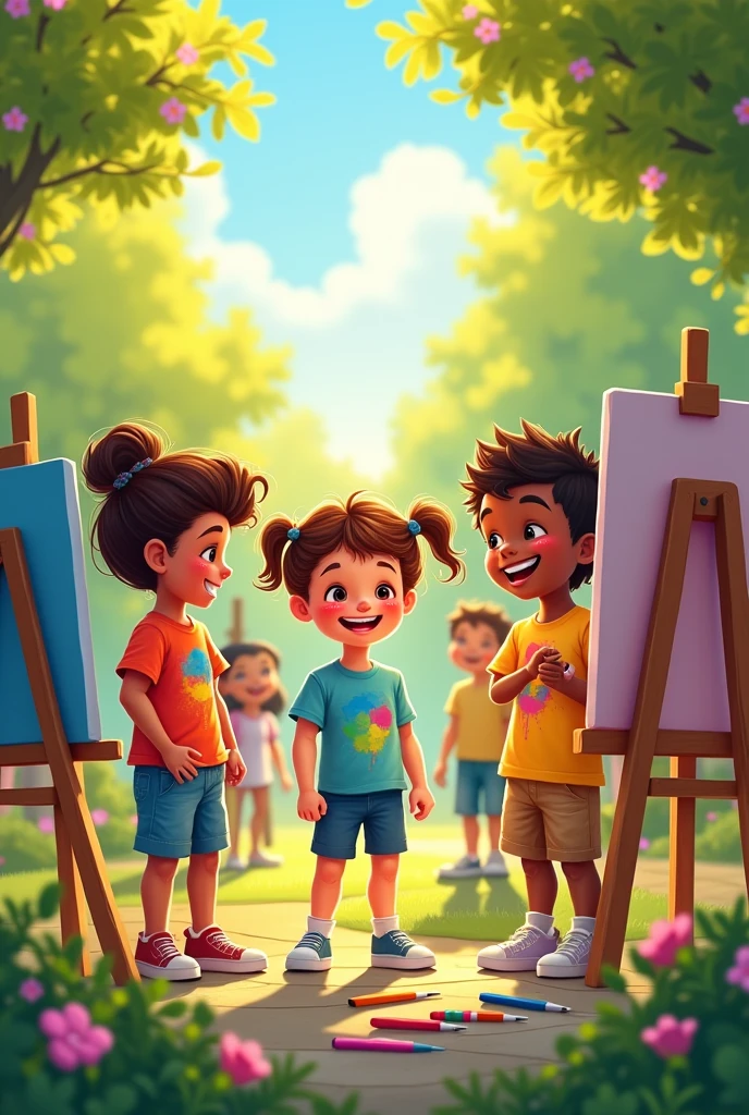 Cartoon drawing of children painters with canvases