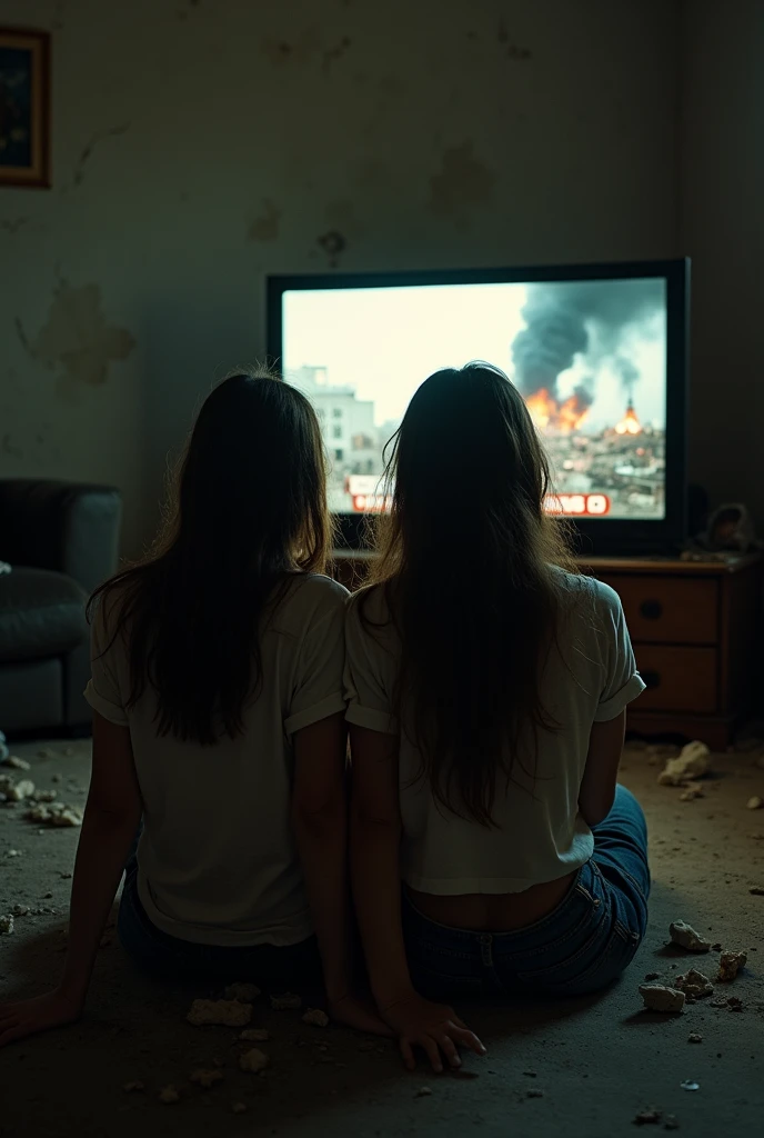A living room with cracks and tilted , with a dusty television in the light , visible as a flashlight, showing breaking news about a devastating attack on the capital. the news shows terrifying images of buildings in flames and reduced to rubble, a black and toxic cloud covering the city, and people are running in panic. The environment around Bruna and her sister, , your dirty clothes, uma blouse danificada, blouse, is in chaos: The television is on, and the distant sounds of sirens and screams are almost palpable. on the screen it says urgency, Alert,