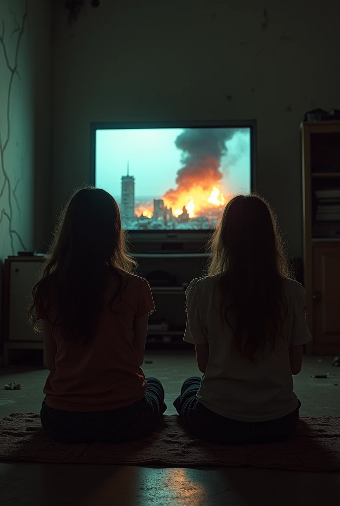A living room with cracks and tilted , with a dusty television in the light , visible as a flashlight, showing breaking news about a devastating attack on the capital. the news shows terrifying images of buildings in flames and reduced to rubble, a black and toxic cloud covering the city, and people are running in panic. The environment around Bruna and her sister, , your dirty clothes, uma blouse danificada, blouse, is in chaos: The television is on, and the distant sounds of sirens and screams are almost palpable. on the screen it says urgency, Alert,