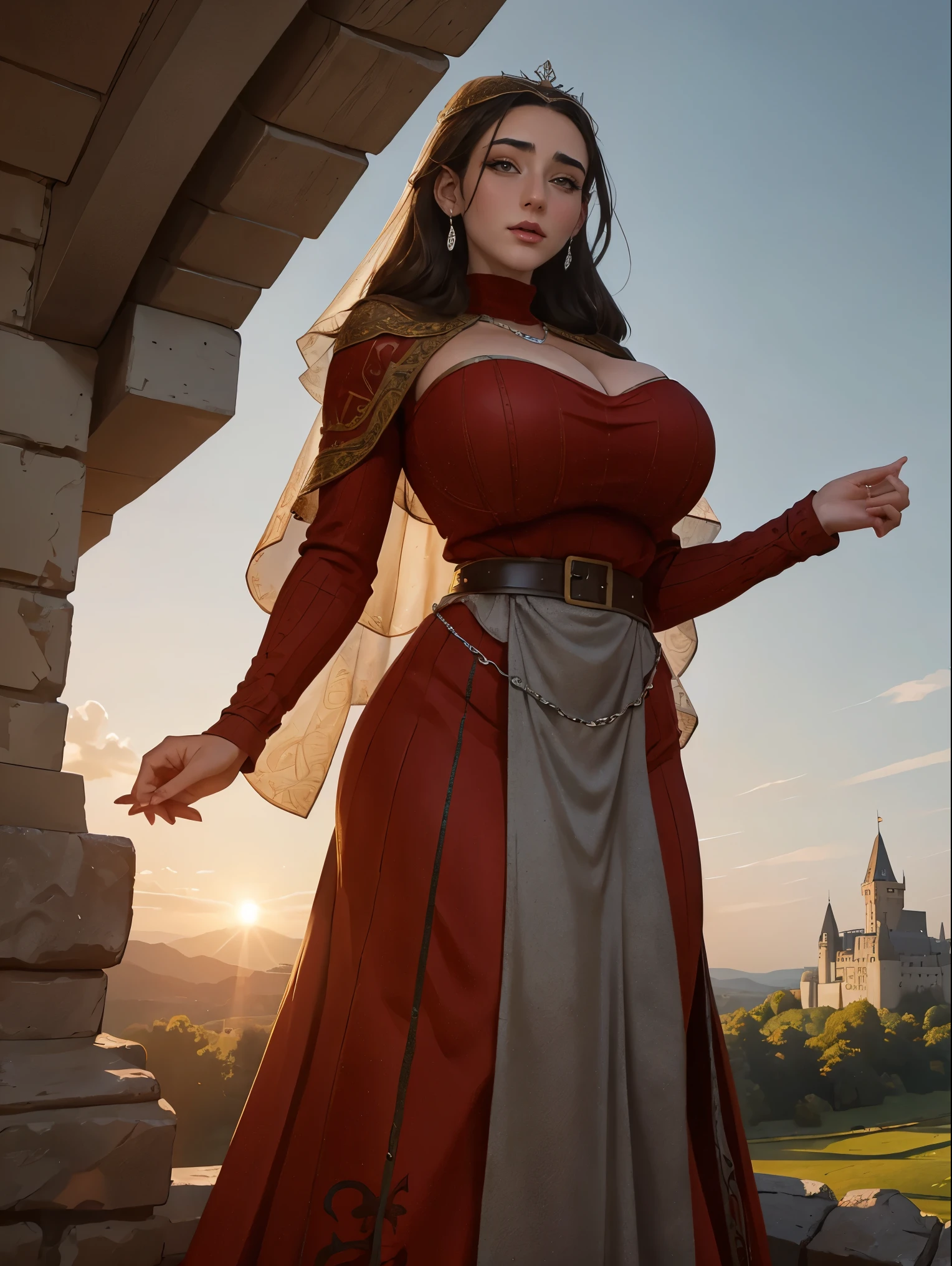 Gorgeous and sultry busty athletic (thin) brunette queen with sharp facial features wearing a modest updo, dark red medieval dress, long sleeves, intricate patterns, scrollwork, wide neck, crown, veil, long dress, modest dress, tight bodice, silver belt, (waist chain), medieval jewelry, Middle Ages, castle, rampart, wall, exterior, on top of a castle wall, trees, countryside, evening, sunset. large breasts.