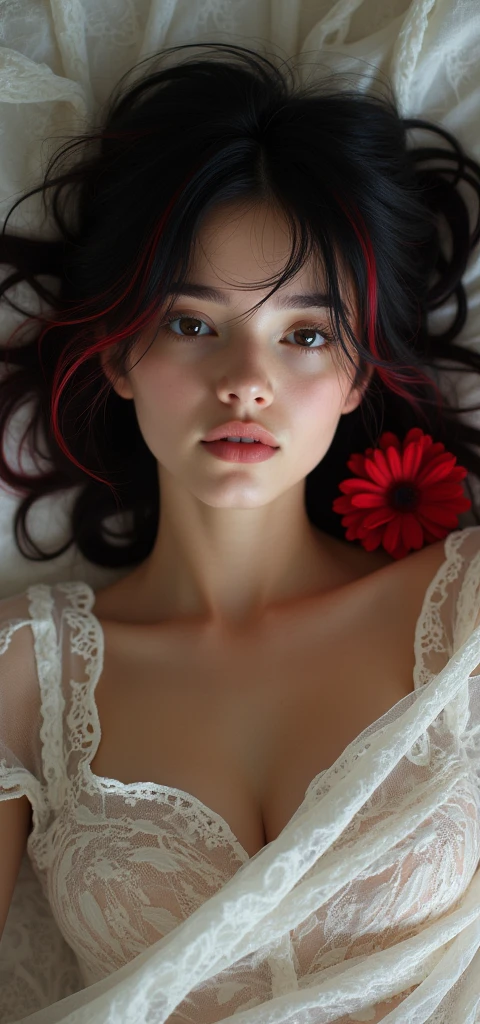 Metallic color painting capturing photography show bratty girl lying on a bed covered with a white lace fabric ,red flower, close-up , (black hair with red streaks), (perfect face), beauty, (lying down) realistic, detailed, hd