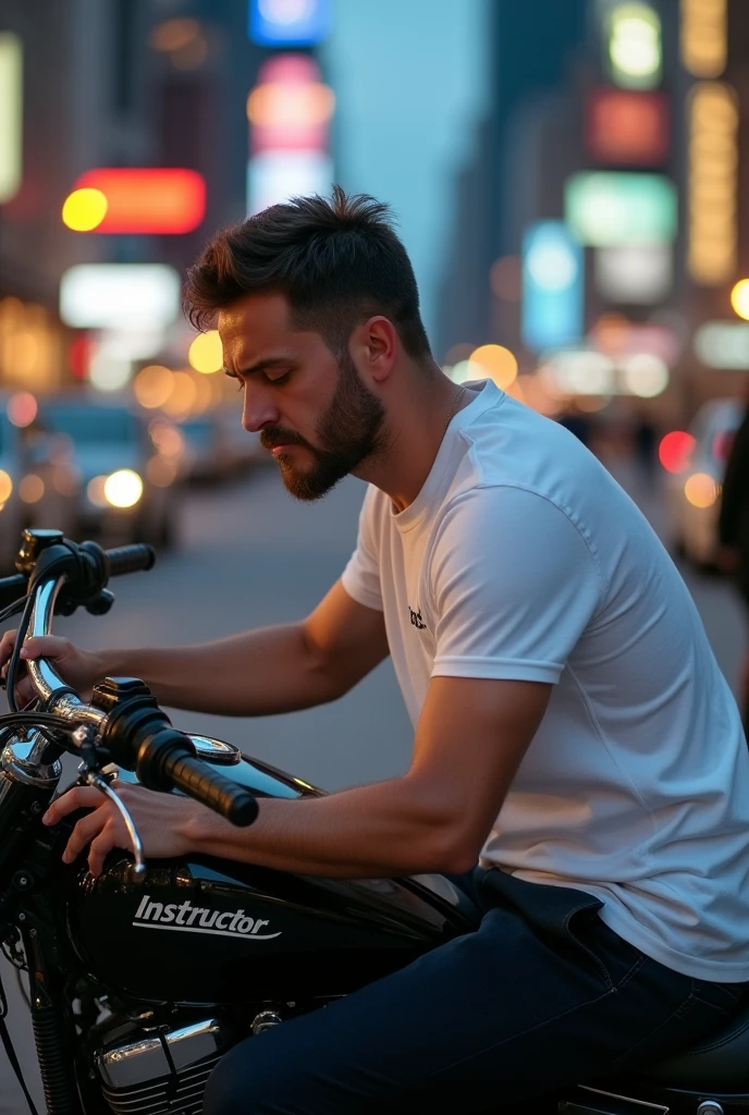Create an image,of a 34-year-old man with a shaved beard , short brown hair,white fur,eyes browns,white short-sleeved shirt, Written "instructor" on the left side of the shirt,
head down, thinking about quitting his job, sitting on a black motorcycle.