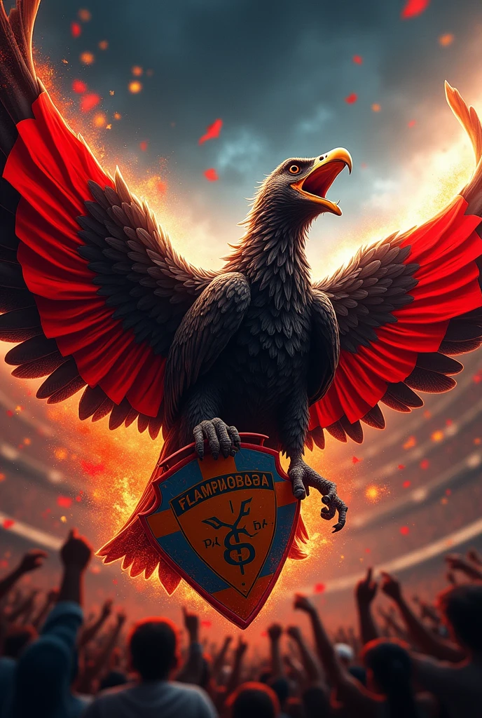 Flag of the Flamengo football club with red and black stripes and with exuberant lights, with an image of a ferocious vulture tearing the Botafogo team shield with its beak and shouting the phrase in Portuguese "Flamengo is a race". realistic drawing of a fight