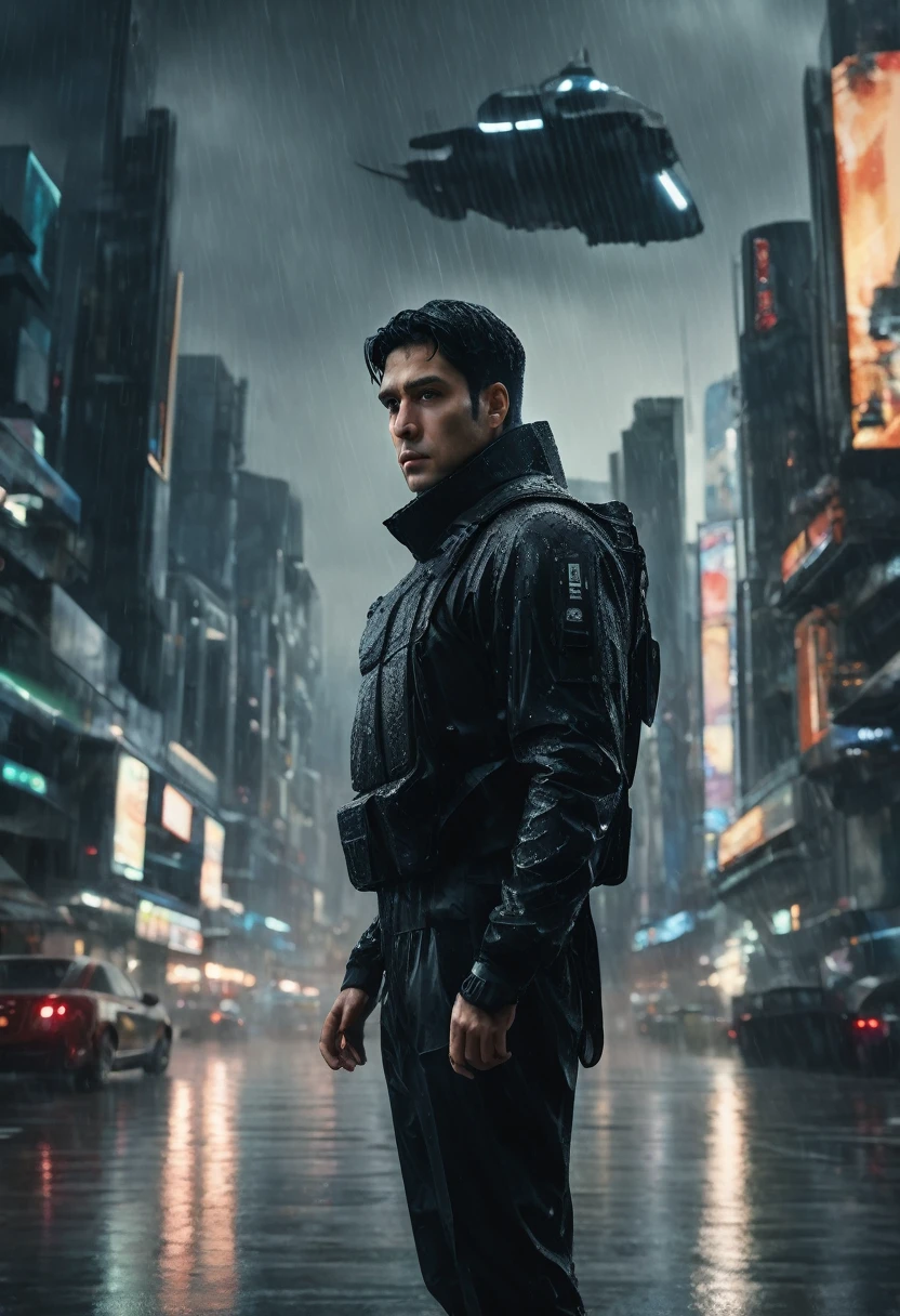 a melancholic man with medium black hair wearing a black uniform, standing in a futuristic city with completely overcast sky and rain, highly detailed, cinematic lighting, photorealistic, intricate details, dramatic atmosphere, muted color palette, (best quality,4k,8k,highres,masterpiece:1.2),ultra-detailed,(realistic,photorealistic,photo-realistic:1.37)