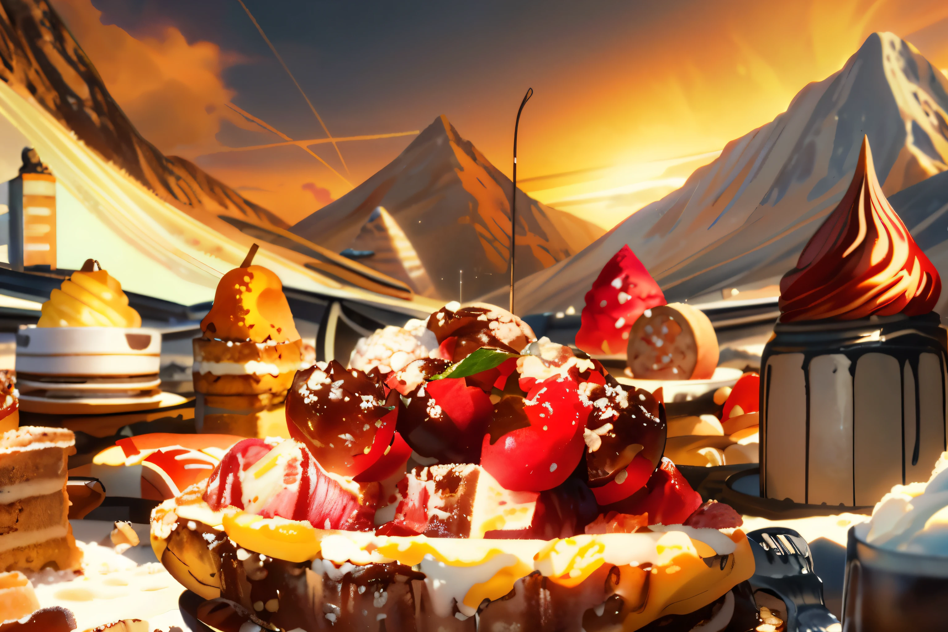 There is an image of a dessert,There are many ingredients in it, Food Advertising 4K, Super realistic food images., Amazing food illustrations., Epic 3D Illustration, 3d render art by Roland Zilvinski, Inspired by Jacek Yerka, fantasy food, Jean Sebastian Rose, Inspired by Jolis van der Hagen, Super realistic fantasy landscape