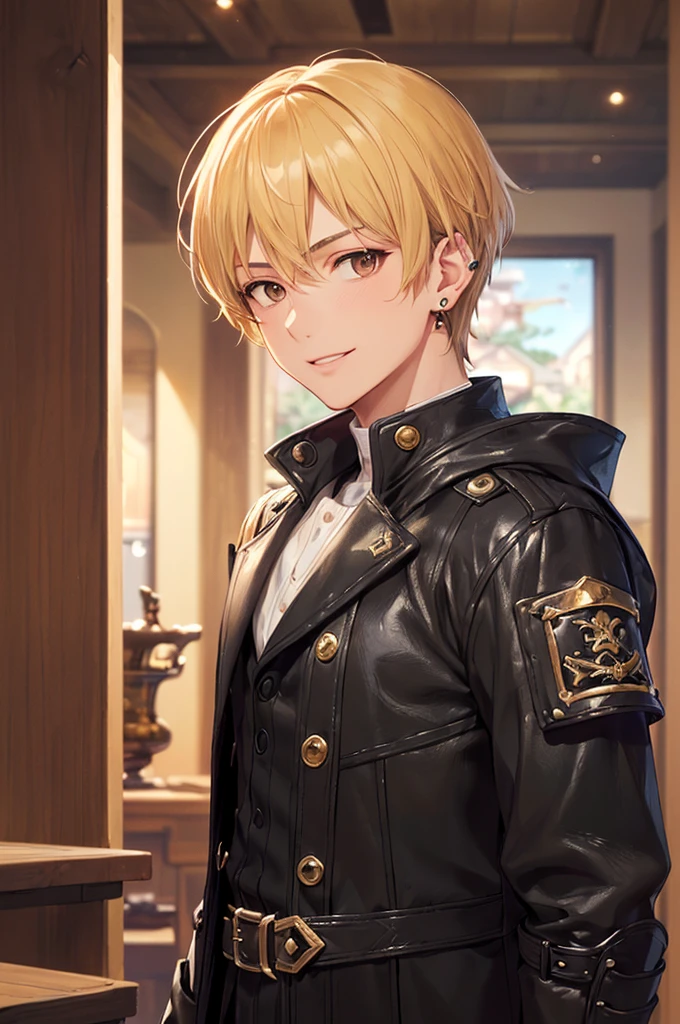 (((masterpiece; best quality: 1.2))), (detailed eyes: 1.3), ((1 young man)), ((solo)), (brown eyes: 1.4), (body shape; lean, masculine, manly face: 1.3), (short blond hair: 1.3), (clear background: 1.2), ((depth of field)), (equipment: masculine adventurer garb + practical hard-leather hunter protection + black hooded hunter overcoat + black stud earring: 1.3), (anime illustration: 1.2), (background composition; fantasy tavern interior + furniture: 1.1), (handsome: 1.1), (shot composition; standing + centered on face + bust close-up: 1.5), (facial expression; calm + smile: 1.2)