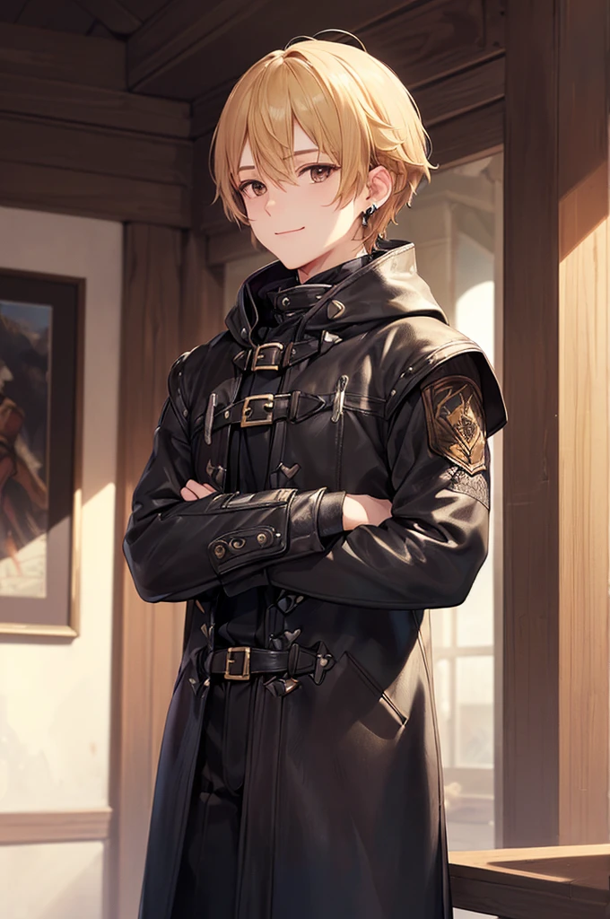 (((masterpiece; best quality: 1.2))), (detailed eyes: 1.3), ((1 young man)), ((solo)), (brown eyes: 1.4), (body shape; lean, masculine, manly face: 1.3), (short blond hair: 1.3), (clear background: 1.2), ((depth of field)), (equipment: masculine adventurer garb + practical hard-leather hunter protection + black hooded hunter overcoat + black stud earring: 1.3), (anime illustration: 1.2), (background composition; fantasy tavern interior + furniture: 1.1), (handsome: 1.1), (shot composition; standing + centered on face + bust close-up: 1.5), (facial expression; calm + smile: 1.2)