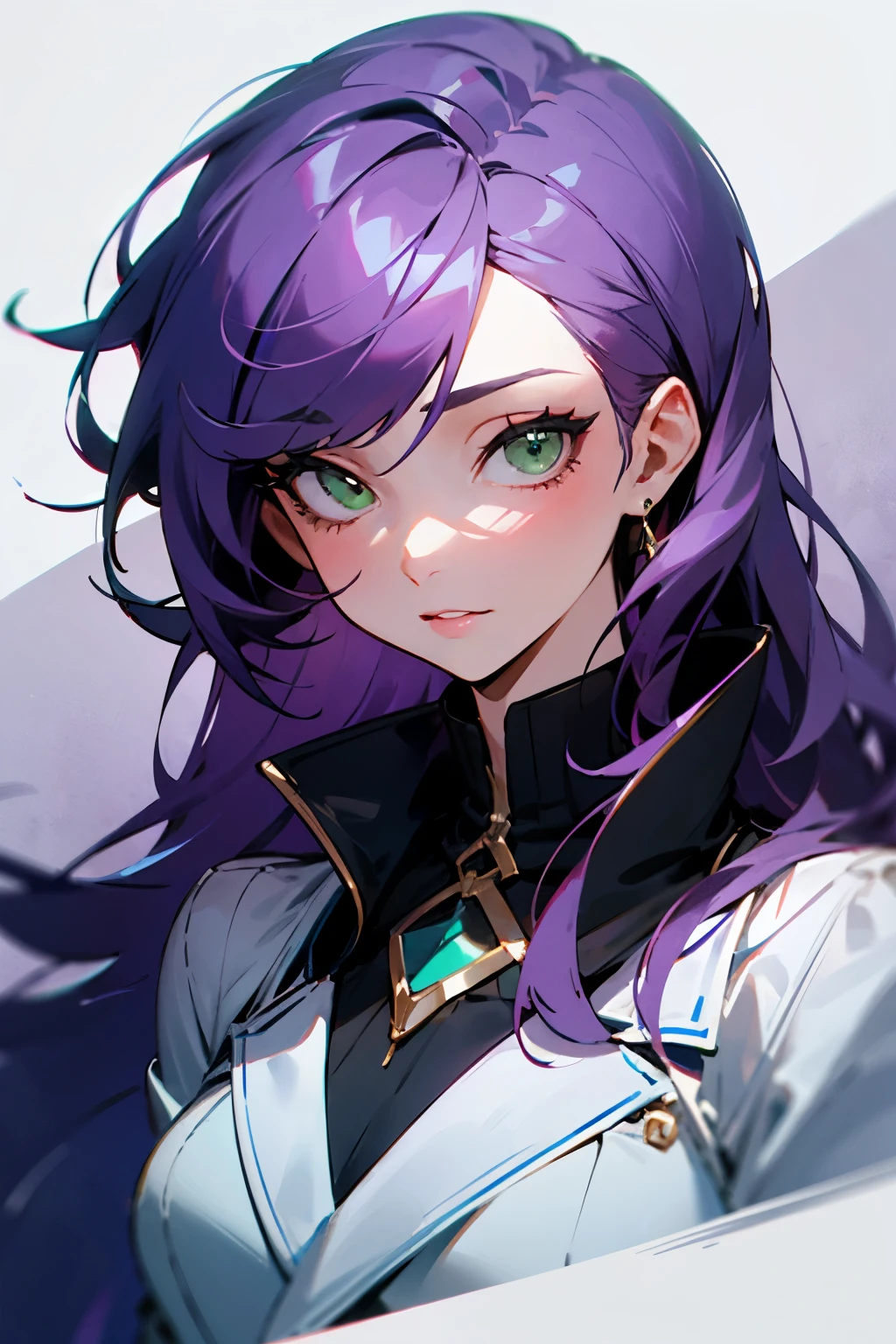 Create me a woman with violet hair, green eyes.