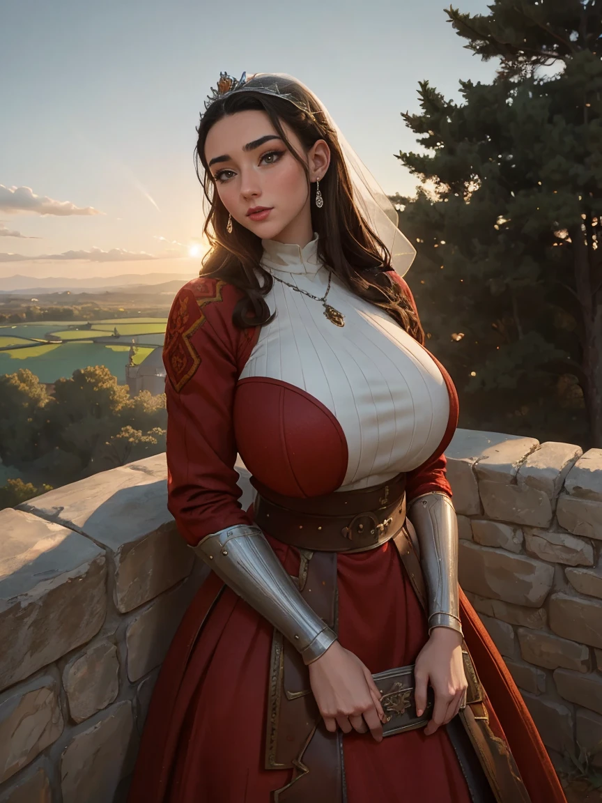 Gorgeous and sultry busty athletic (thin) brunette queen with sharp facial features wearing a modest updo, dark red medieval dress, long sleeves, intricate patterns, scrollwork, wide neck, crown, veil, long dress, modest dress, tight bodice, silver belt, (waist chain), medieval jewelry, Middle Ages, castle, rampart, wall, exterior, on top of a castle wall, trees, countryside, evening, sunset. large breasts.