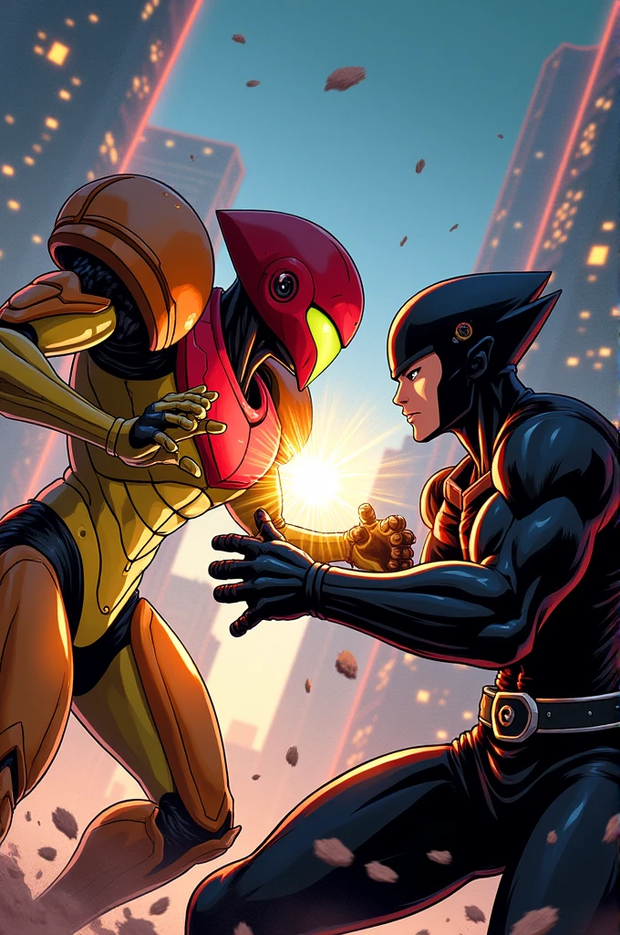 Samus Aran and Kazuya Mishima fighting in suits.