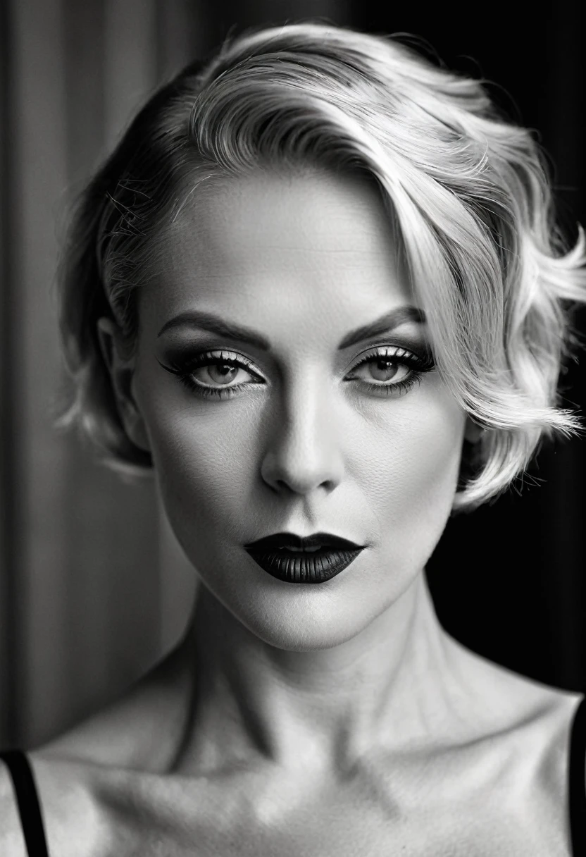 In Berlin, a beautiful woman in her forties in the decadent Weimar Republic era of 1920s Germany, androgynous, with small breasts, perfect makeup, short blonde hair slicked back, she lifts her chin slightly, her mouth half open, and seduces with a lascivious look. in a photo Noir style, monochrome with heavy shadows, focus on her beautiful face, professional lighting, and camera.