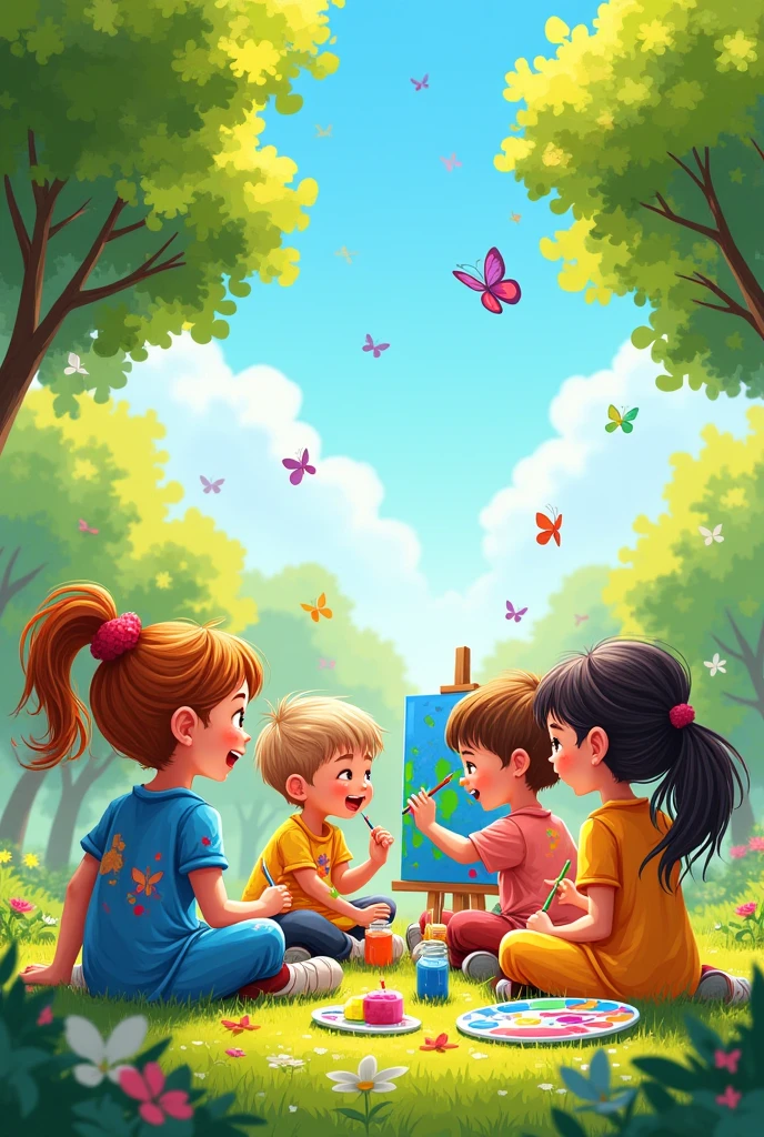 Cartoon drawing of children painters with canvases