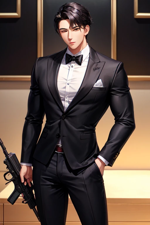 A very handsome young man with a mafia look, with black hair in a Korean style but cute, with a muscular body in a black suit, and a gun where his chest is very prominent and he looks about 25 years old.