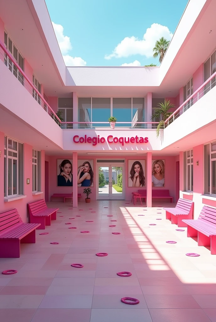 (photorealism:1.2) An empty pink girls' school inside yard, pink and white modern school building with pink benches, clean in good shape, the sign "Colegio Coquetas" and the signs of many kisses 💋 on the walls and floor, posters of beautiful teen girls models faces hanging from the walls, not childish drawings on the walls, realistic, intricate details