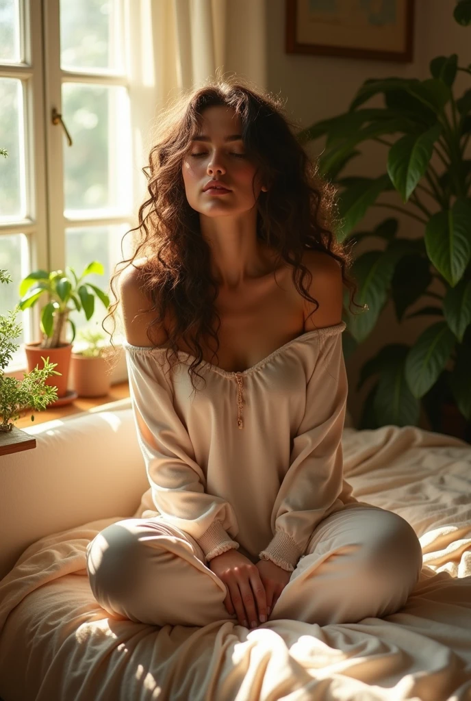 (photorealism:1.2), beautiful woman, sitting on bed, wearing loose off-shoulder top, pajama pants, long curly hair, indoors, soft lighting, plants in background, window with sunlight, cozy room, relaxed pose, realistic, intricate details, warm colors, by Greg Rutkowski, by Alphonse Mucha