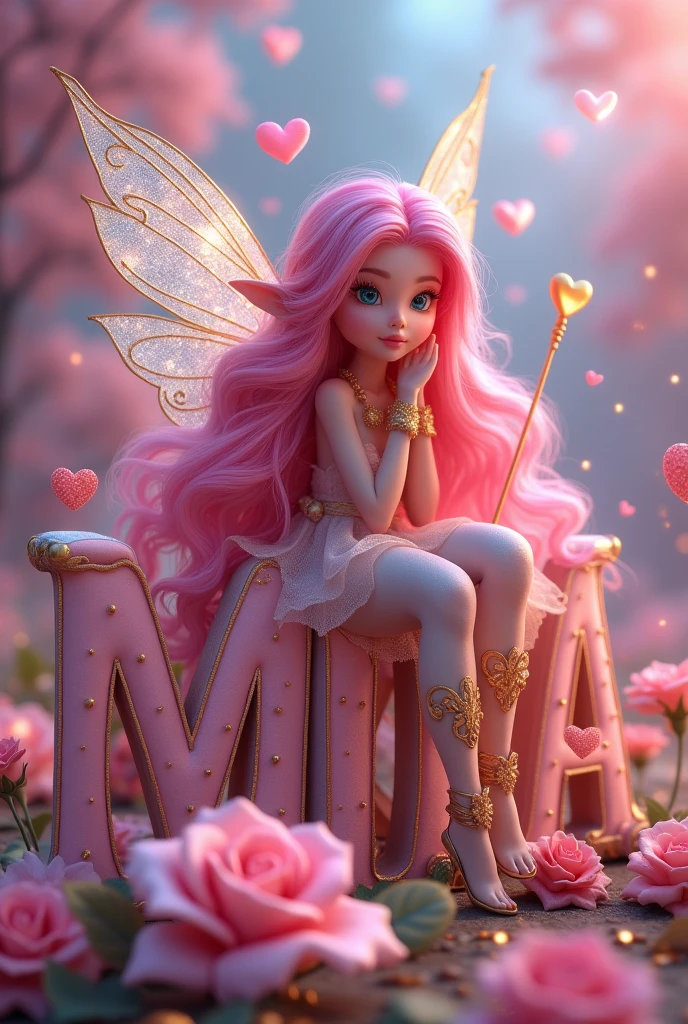 A whimsical fairy named Nora, who has vibrant pink hair and iridescent wings. She is seated gracefully atop a 3Dletter 'MINGKAK' that's intricately designed in gold and pink hues. Surrounding her are floating hearts, and she holds a delicate golden wand. The backdrop is a muted pink, and there's a beautiful rose at her feet. The entire scene is illuminated by small glowing orbs, adding to the magical ambiance.