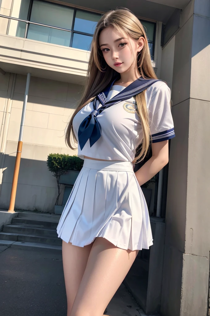(Highest quality), (masterpiece), (8k), nsfw, (A very beautiful girl stands with one leg raised), (erect penis which she is holding:1.3), (Her hair is long and light blonde, braided), (She is wearing a cropped sailor uniform with a short pleated skirt that is lifted up), (Her nipples are visible through the dress:1.2), (She is blushing with embarrassment), (Scene in front of the school gate, many students), (Backlight by the morning sun)
