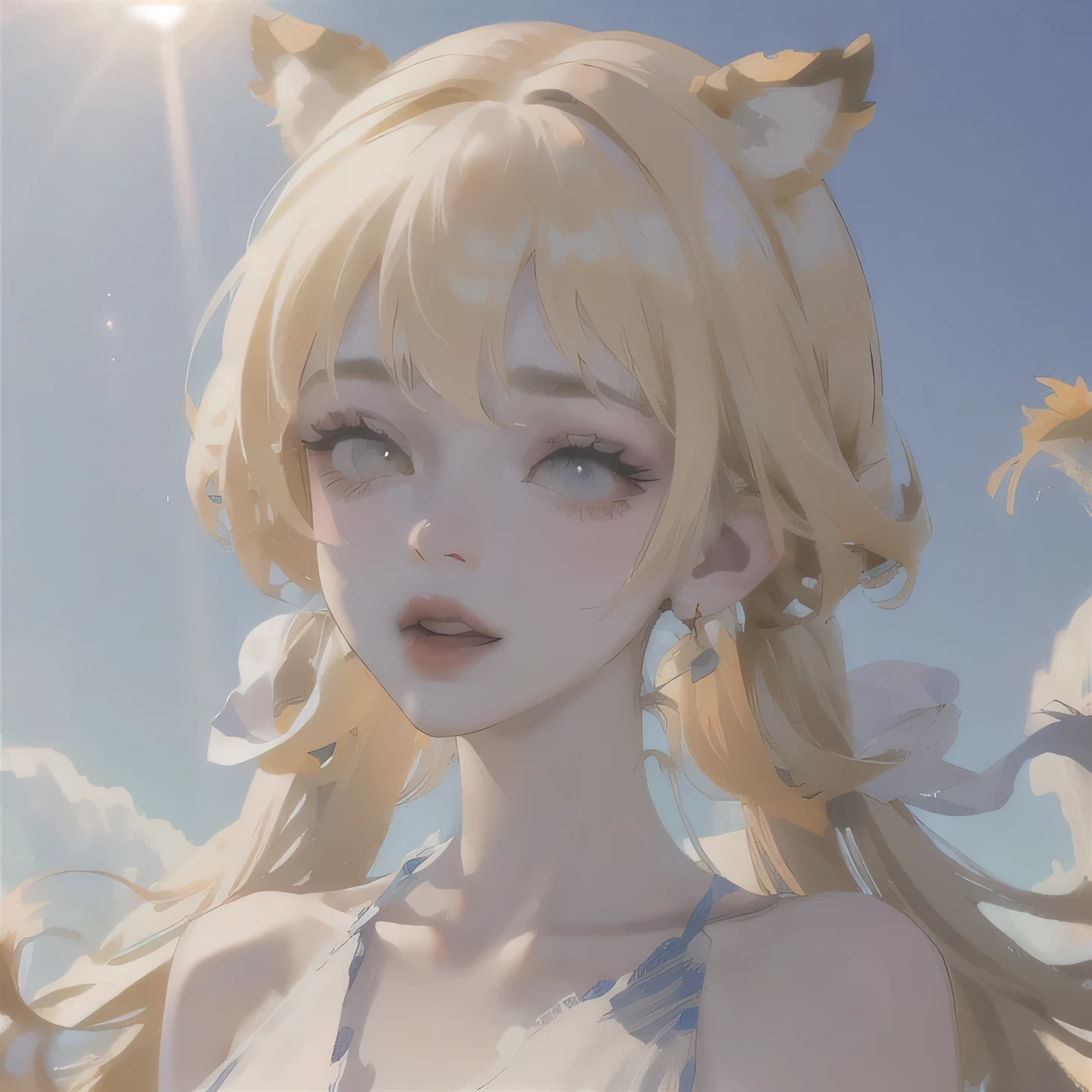 (High quality) (best quality) (A woman) (correct physiognomy) (perfect pupils) (perfect eyes) woman, deep blonde hair, long and fluffy, two tiger cat ears coming out of her head, eyes with heterochromia a light red eye and one eye with white color, sensitive lips, feminine appearance, soft facial features, thin eyebrows, soft skin, rosy cheeks, rosy lips, silky eyelashes, dreamy expression, middle age, youthful clothing, sweatshirt with print tiger, photo illuminated by sunlight, woman in a field of sunflowers