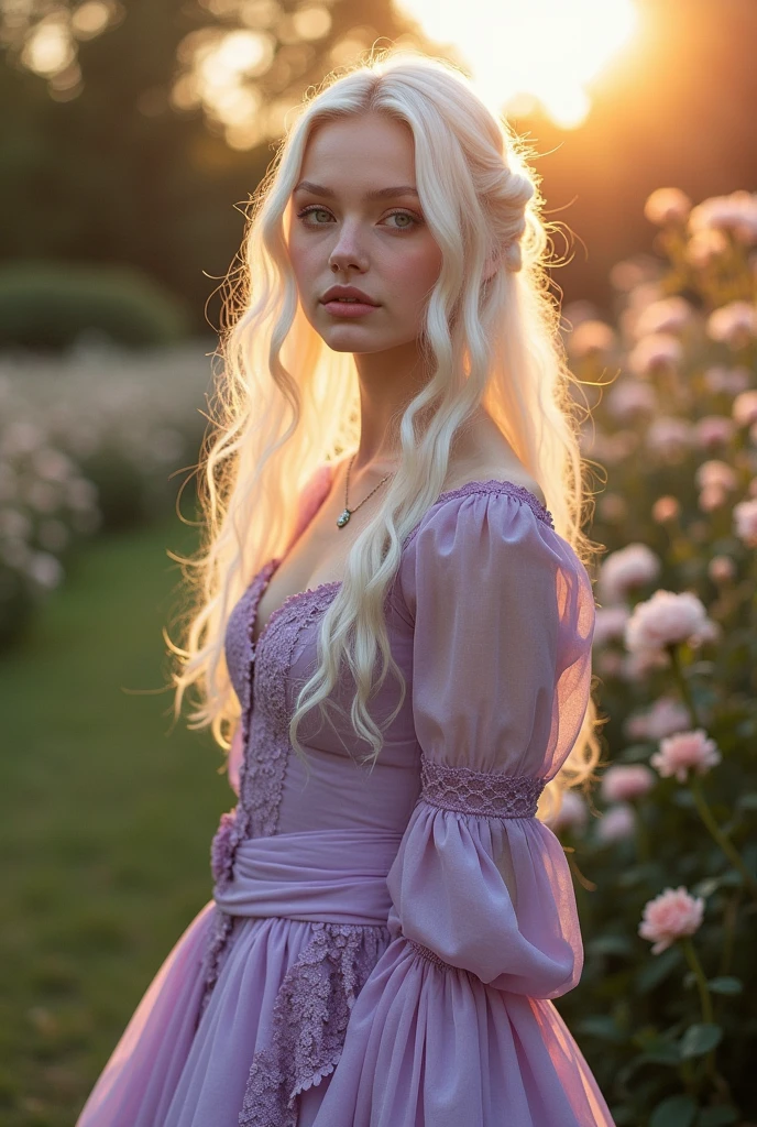 an 18 year old girl, skin pale as snow, platinum blonde hair, light pink eyes, full lips, wearing lilac 1800s clothing