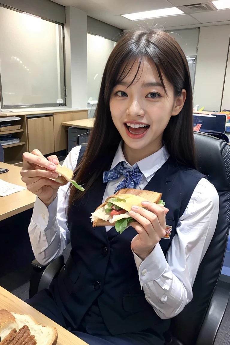 Best Quality、Masterpiece、High resolution photos、8k,1girl,Inside the spaceship、Eating a sandwich,He's holding a sandwich in each hand、Battle Suit、Space food、looking at the camera、laughing、Office uniform、check vest、skirt、Universe Office,open mouth