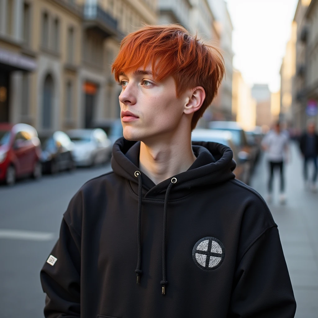 Red-haired man with straight, short hair wearing streetwear