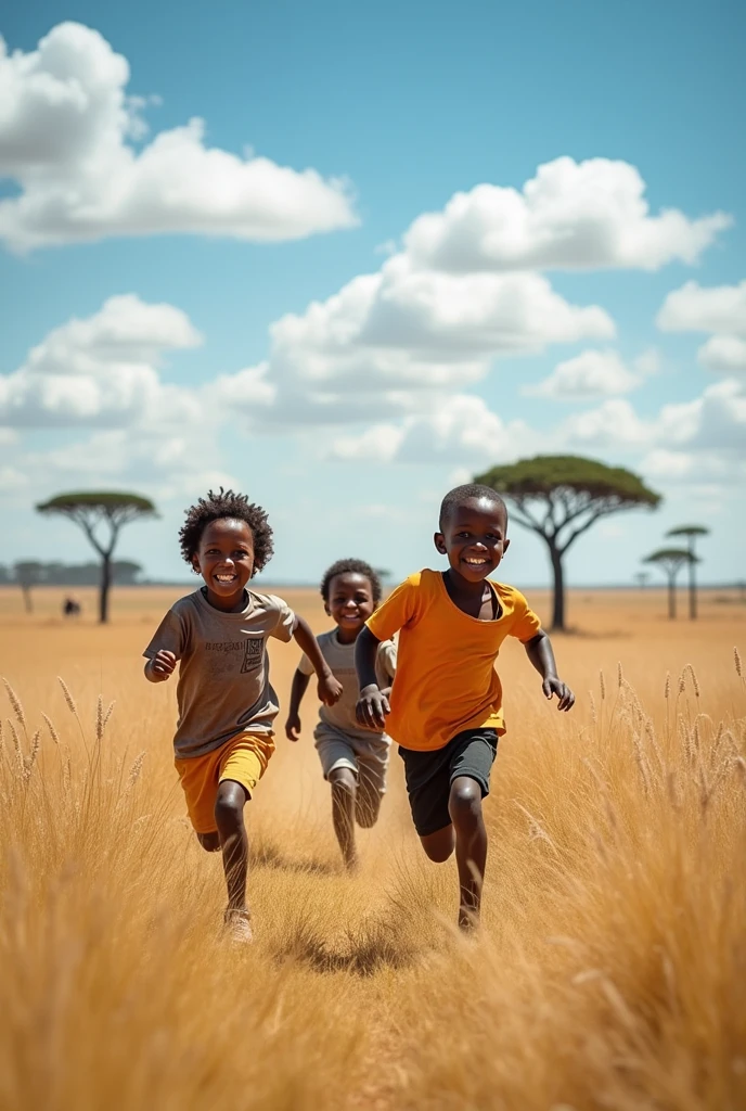 Un petit groupe d'enfants qui cour dans la savane
