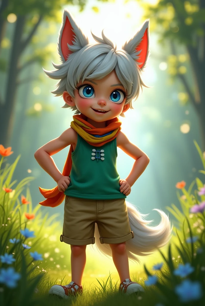 Male child, 10 years old, gray hair dyed white, blue eyes, with pointed dog ears and a furry, curly tail behind him. Dressed in a green tank top with a scarf tied around his neck and beige shorts.