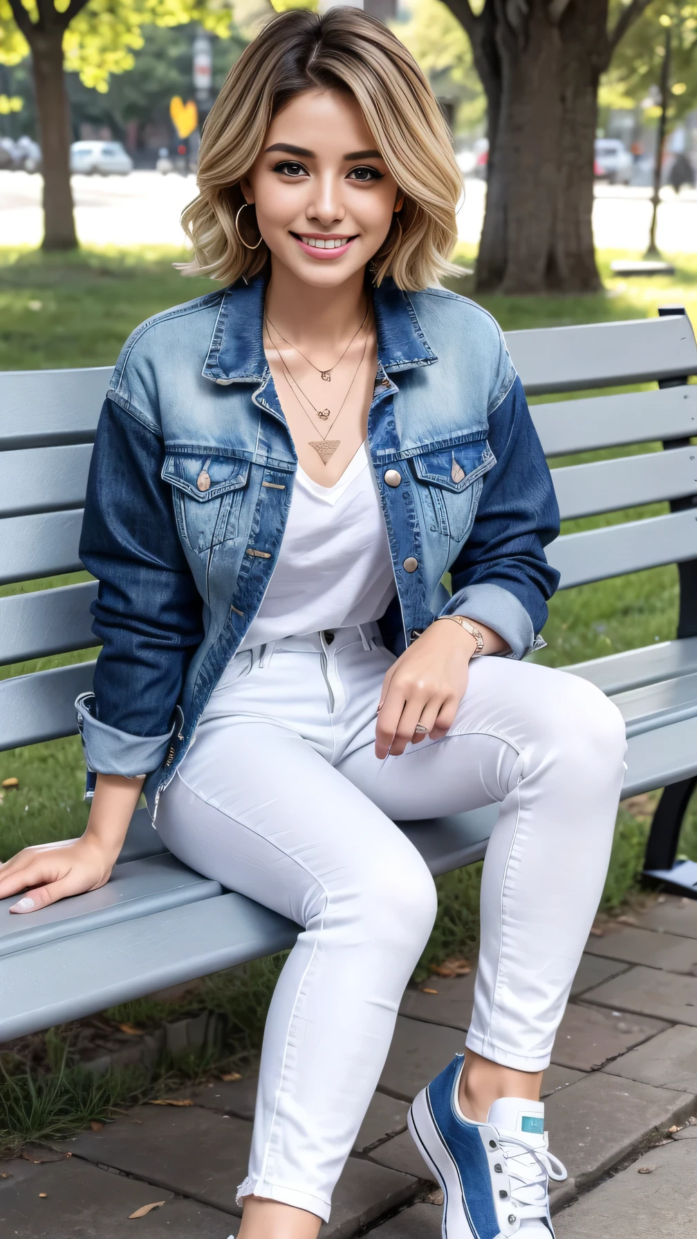 Super Resolution、A neat Iranian woman、Full body photo、sitting on a park bench、Blonde、blue eyes、short hair、Wavy Hair、ear piercing、、necklace、Denim jacket、shirt、White jeans、sneakers、I wear black socks.、smile、Beautiful teeth alignment