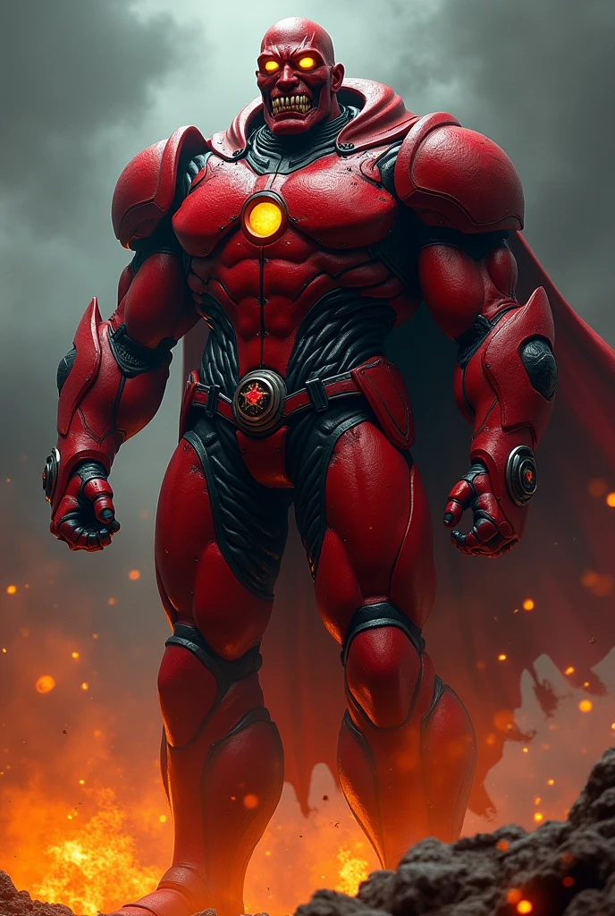 Male, giant, muscular, red skin, villain, glowing eyes, shark-like teeth, red cowl, red futuristic space armor, qwith black accents, metal accents, shining logo, blood, fire