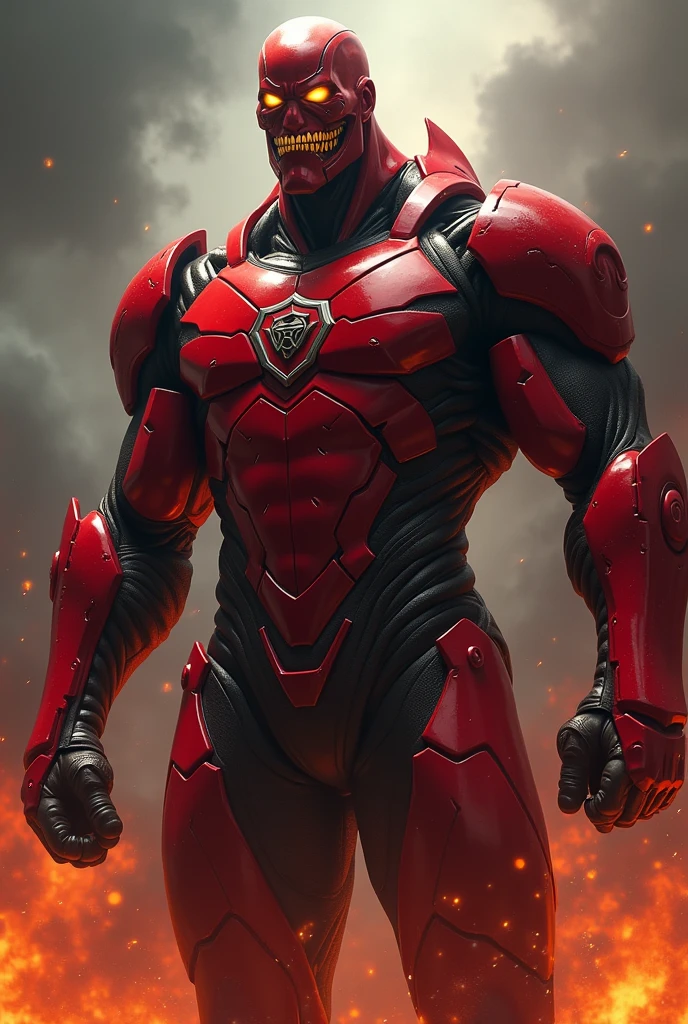 Male, giant, muscular, red skin, villain, glowing eyes, shark-like teeth, red cowl, red futuristic space armor, qwith black accents, metal accents, shining logo, blood, fire