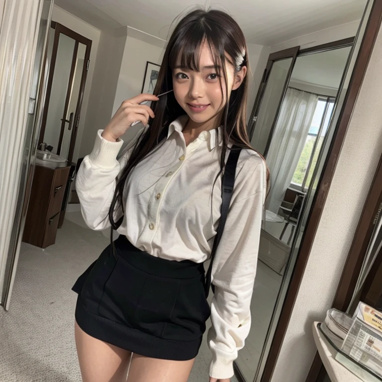 8k、(masterpiece, Highest quality:1.4)、Very realistic、Japanese、One person、woman、Skinny athletic model body、Flat Chest、tall、Description：A full-body view standing is visible、38 years old、(Hairstyle：Bangs(1.6))、In your room at home、The best smile、(White long-sleeved dress shirt))、((Wearing a black skirt))、Sweaty、Wet、