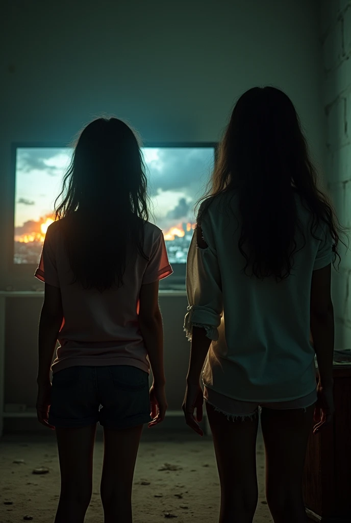 A living room with cracks and tilted , with a dusty television in the light , visible as a flashlight, showing breaking news about a devastating attack on the capital. the news shows terrifying images of buildings in flames and reduced to rubble, a black and toxic cloud covering the city, and people are running in panic. The environment around Bruna and her sister, , Your clothes are damaged., and there's a tear in the sleeve of the blouse, is in chaos: The television is on, and the distant sounds of sirens and screams are almost palpable. on the screen it says urgency, Alert,