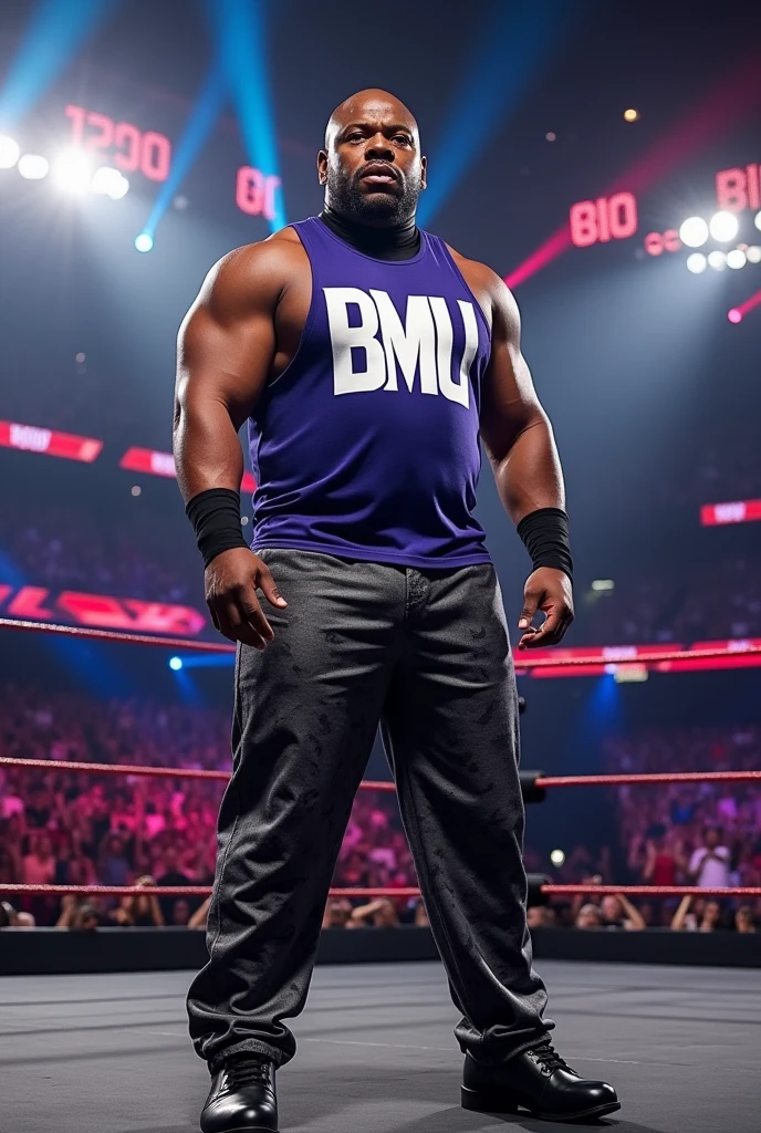 WWE wrestler Big E with a serious expression, wearing a turtleneck shirt and tank top with the BMU logo in white and long pants in black and gray with the BMU logo