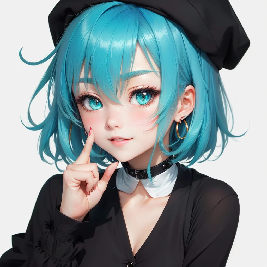 An anime girl with aqua blue hair wearing a black beret is pointing with her index finger., Turquoise hair anime girl, short hair, 2D Anime Style, Anime Moe Art Style, With index finger, Girl portrait, Cute Anime Girl Portrait, Cute girl anime visuals, smug face、blush、Hanging eyes、A very cute anime face、Black collar、Red earrings