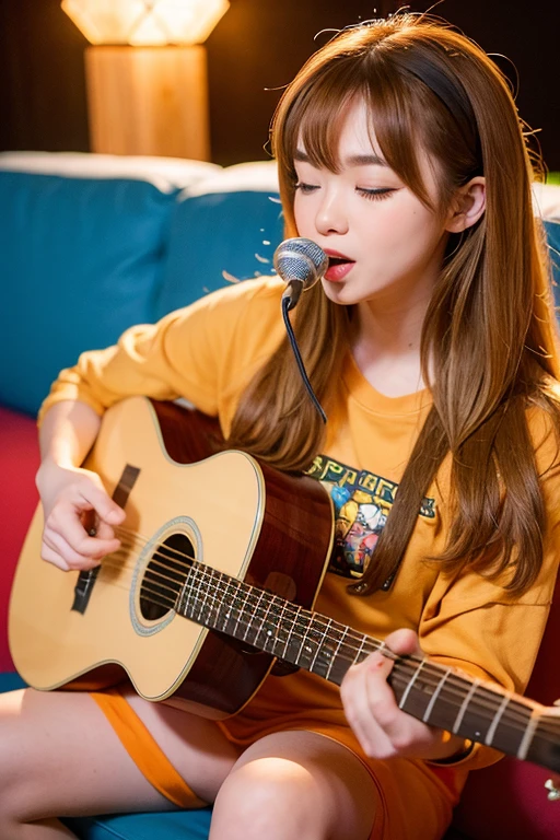 ((Highest quality)), ((masterpiece)), (detailed), A pop illustration of a Shisa playing a guitar
