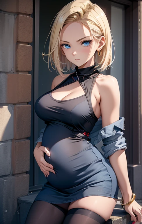 best quality, high resolution, and 18, 1 Girl, android 18, Solitary, Blonde Hair, blue eyes, short hair, earrings, Jewelry, Denim Dress, Open vest, Black pantyhose, Black shirt, Denim skirt, Striped long-sleeved shirt, Blue Skirt, Medium breasts, Cowboy shooting, street, Off-shoulder, Strapless, 29 years old. Strong legs. Large Breasts, Pregnant，Pregnant women