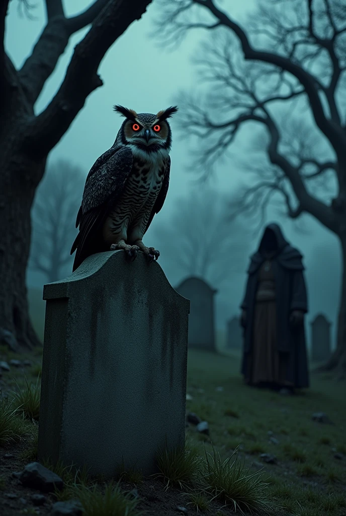 An ancient cemetery with dry trees, a large and macabre owl, a macabre monk behind a tomb.