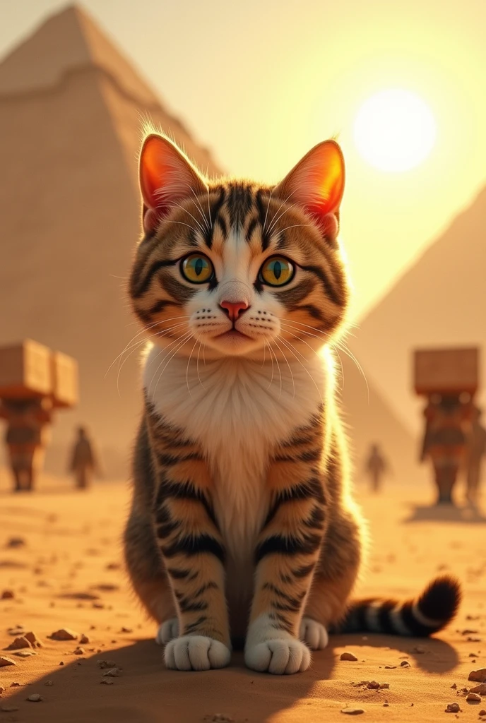 Make me a chunky, short-haired adult tabby cat with yellowish-green eyes., clear and large, with a white chest and white gloves in ancient Egypt building the pyramids (make it look realistic)