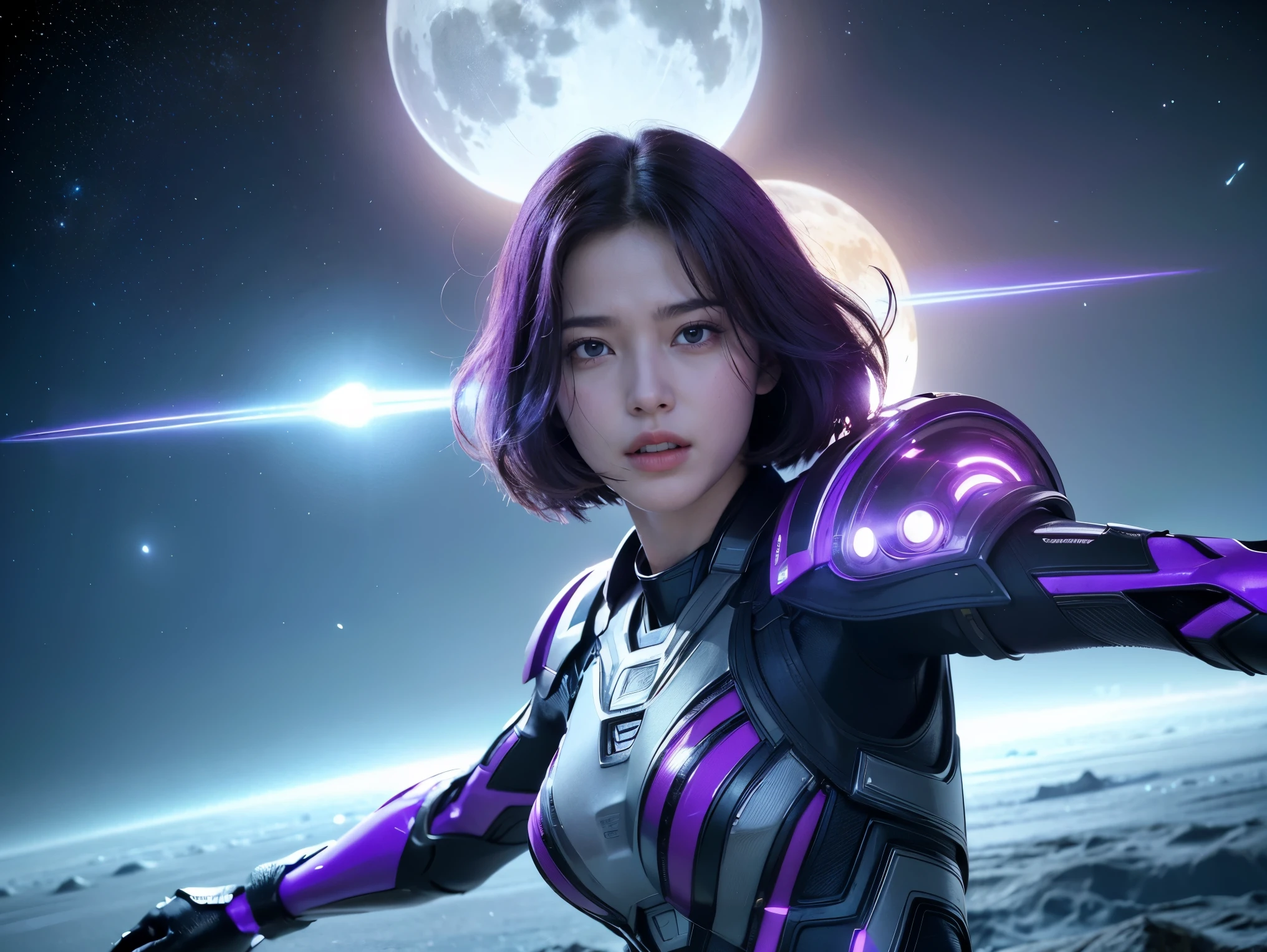 (RAW Photos, Highest quality), (Realistic, Photorealistic:1.3), 1 person、Female Warrior、Realisticbody、Purple battle costume、Meteor warrior flying from space、Fighting the reptilian aliens、shield、Reflective Laser、smile、Energy release、Star Destruction、Space debris、Outer Space、prominence