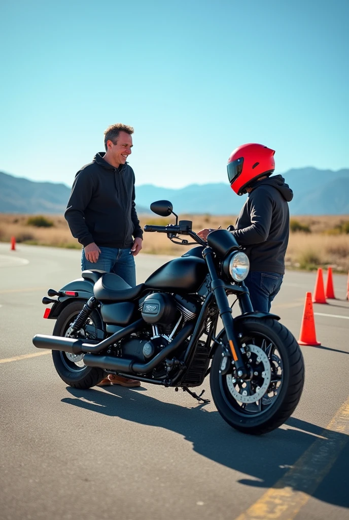 Create an image of an instructor teaching someone how to ride a motorcycle