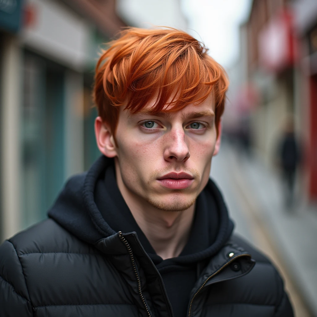 Red-haired man with straight, short hair wearing streetwear