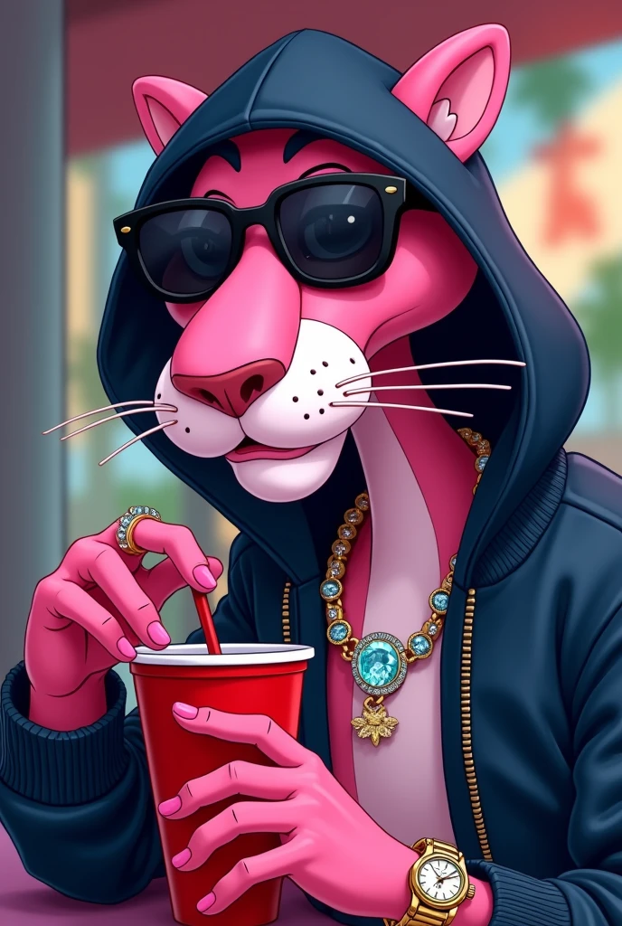The pink Panther cartoon character Bomber jacket over his head with some cool, dark shades, VVS diamond necklace around its neck, a Patek wrist watch, and diamond ear rings sipping on juice from a red cup with straw looking high like he’s been smoking weed.Art should be in 2D animation.standing side at looking into the camera