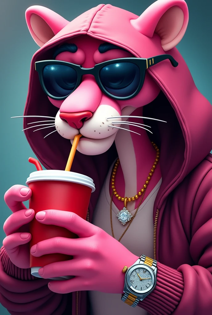  
The pink Panther cartoon character Bomber jacket over his head with some cool, dark shades, VVS diamond necklace around its neck, a Patek wrist watch, and diamond ear rings sipping on juice from a red cup with straw looking high like he’s been smoking weed.Art should be in 2D animation.standing side at looking into the camera
