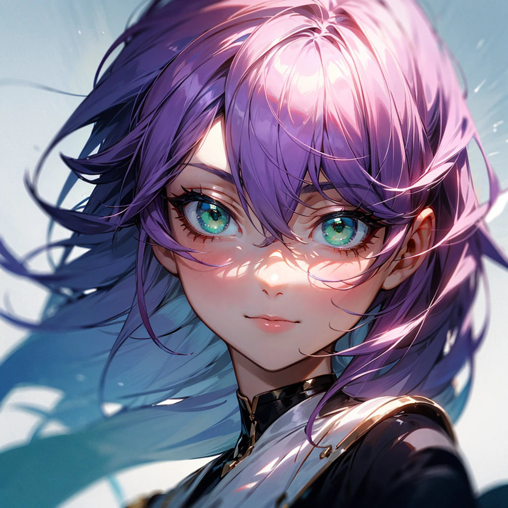 Create me a woman with violet hair, green eyes.